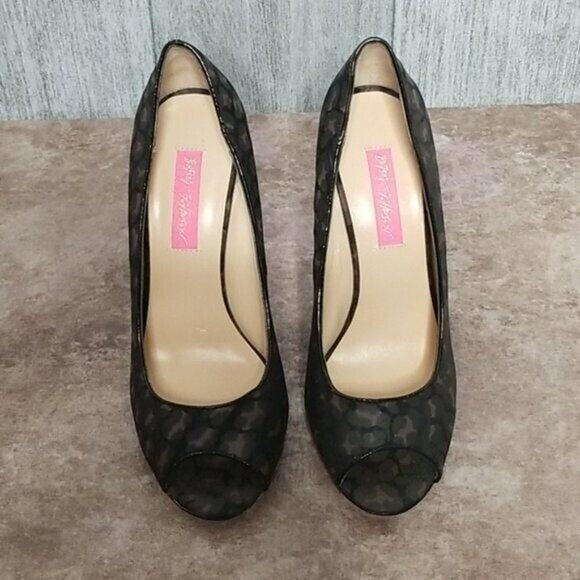 Betsey Johnson Black Brown Gold Leopard Print Peep Toe Stiletto Heel Women's 8.5 - Picture 2 of 9